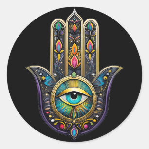Adesivo Redondo Hamsa Preto Colorido com Terceiro Olho Turquesa