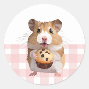 Adesivo Redondo Hamster Bonito Com Gingham Rosa De Muffin