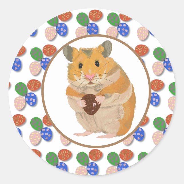 Adesivo Redondo Hamster da Páscoa com Ovos de Chocolate  (Frente)