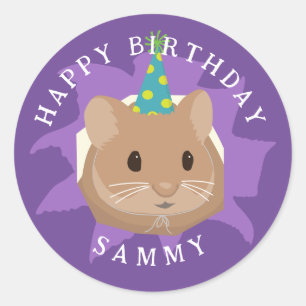 Adesivo Redondo Hamster de aniversário fofo espiando pelo buraco