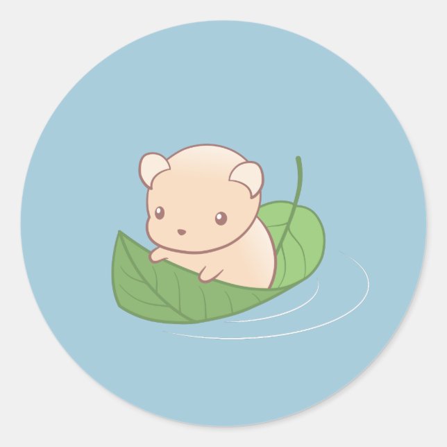 Adesivo Redondo Hamster de Rato Bonito Flutuando em Folha (Frente)