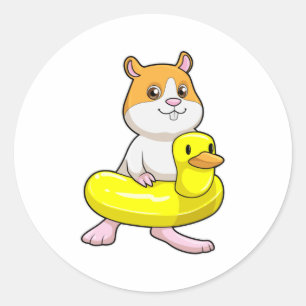 Adesivo Redondo Hamster em Beach com Duck como anel de Natação
