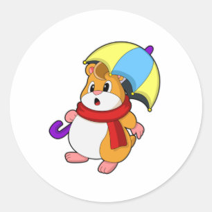 Adesivo Redondo Hamster em chuva com guarda-chuva