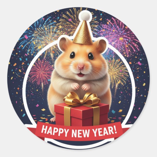 Adesivo Redondo Hamster New Year Celebration Sticker (Frente)