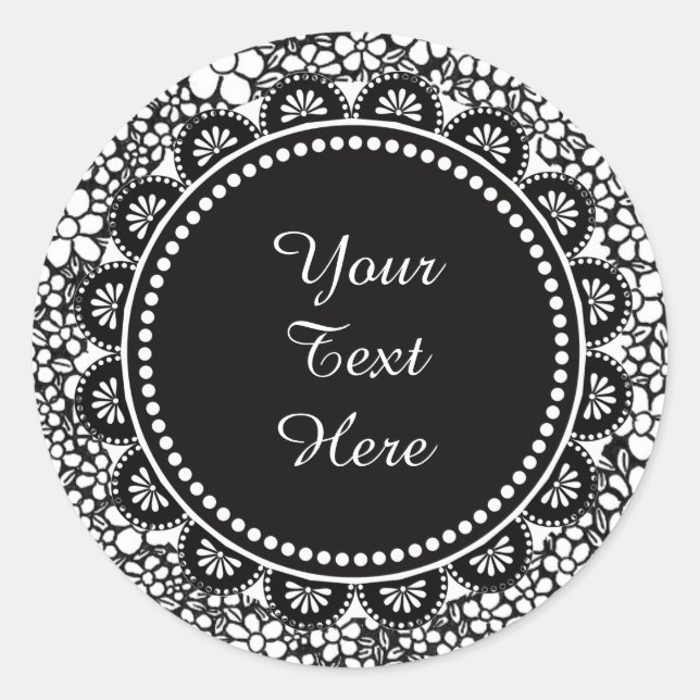 Adesivo Redondo Hand Drawn Black and White Flower Pattern Custom (Frente)