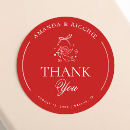 Adesivo Redondo Hand Drawn Cupid Cherub Red Wedding Thank You