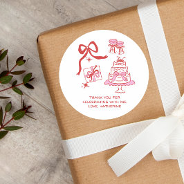 Adesivo Redondo Hand Drawn Doodles Red Pink Birthday Thank You