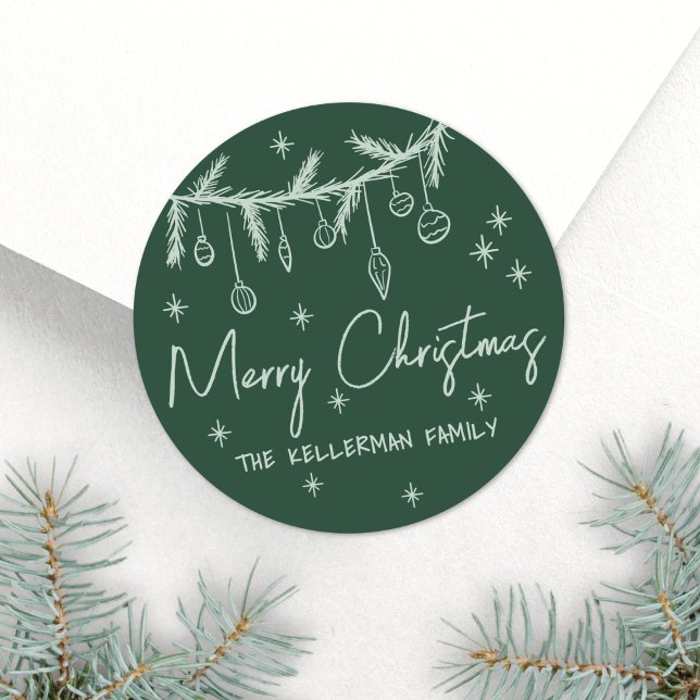 Adesivo Redondo Hand Drawn Green Merry Christmas (Hand Drawn Green Merry Christmas Classic Round Sticker)