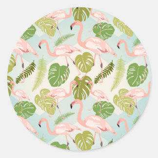 Adesivo Redondo Hand drawn pink flamingo and monstera leaves. Seam
