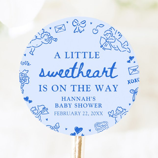 Adesivo Redondo Hand Drawn Valentine Little Sweetheart Baby Shower (Hand Drawn Valentine Little Sweetheart Baby Shower Classic Round Sticke)