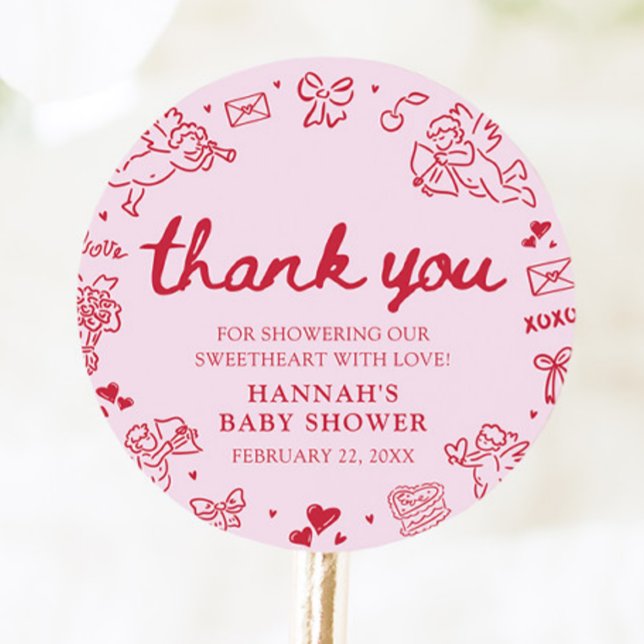 Adesivo Redondo Hand Drawn Valentine Little Sweetheart Baby Shower (Hand Drawn Valentine Little Sweetheart Baby Shower Classic Round Sticker)