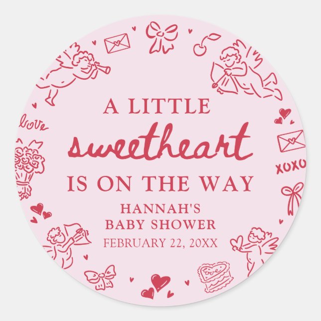 Adesivo Redondo Hand Drawn Valentine Little Sweetheat Baby Shower (Frente)