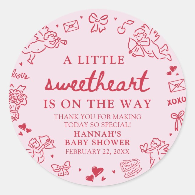 Adesivo Redondo Hand Drawn Valentine Little Sweetheat Baby Shower (Frente)