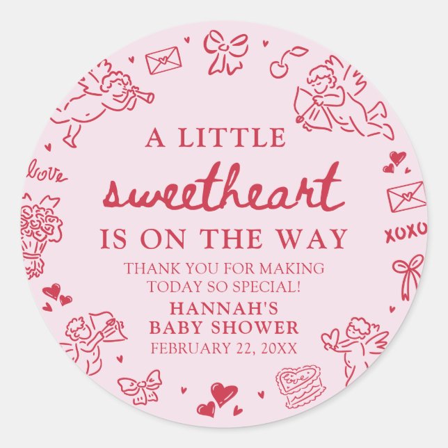 Adesivo Redondo Hand Drawn Valentine Little Sweetheat Baby Shower (Frente)