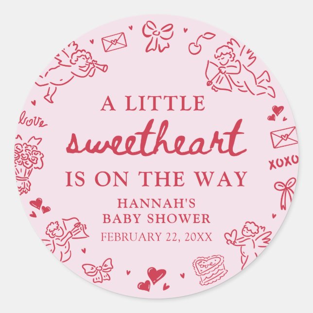 Adesivo Redondo Hand Drawn Valentine Little Sweetheat Baby Shower (Frente)