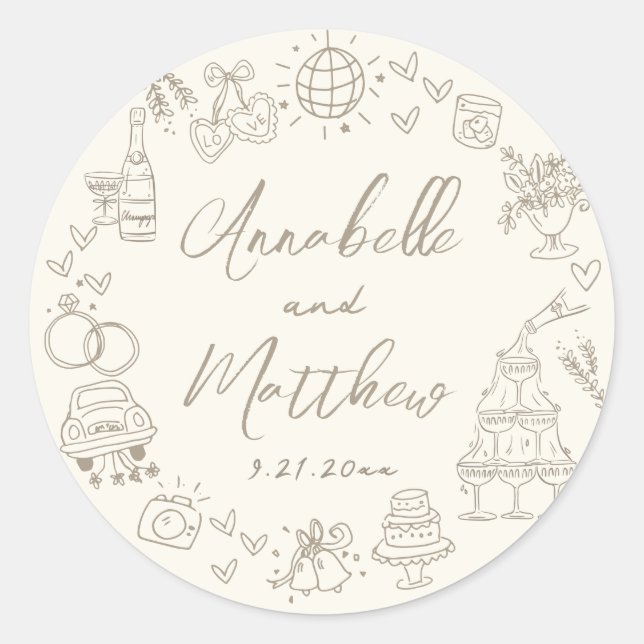 Adesivo Redondo Hand Drawn Whimsical Wedding (Frente)