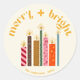 Adesivo Redondo Hand-Illustrated Merry + Bright Christmas Sticke