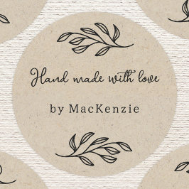 Adesivo Redondo Hand Made With Love Brown Paper Botanical Leaf 