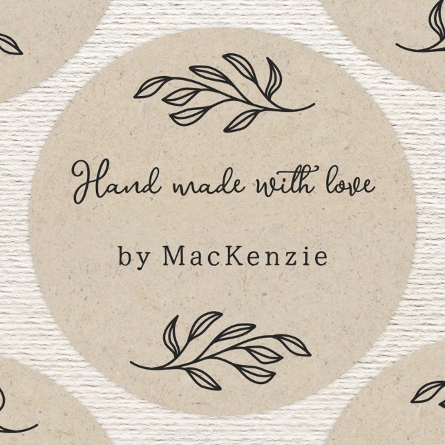 Adesivo Redondo Hand Made With Love Brown Paper Botanical Leaf  (Personalized hand made with love botanical leaf line art stickers for small business makers)