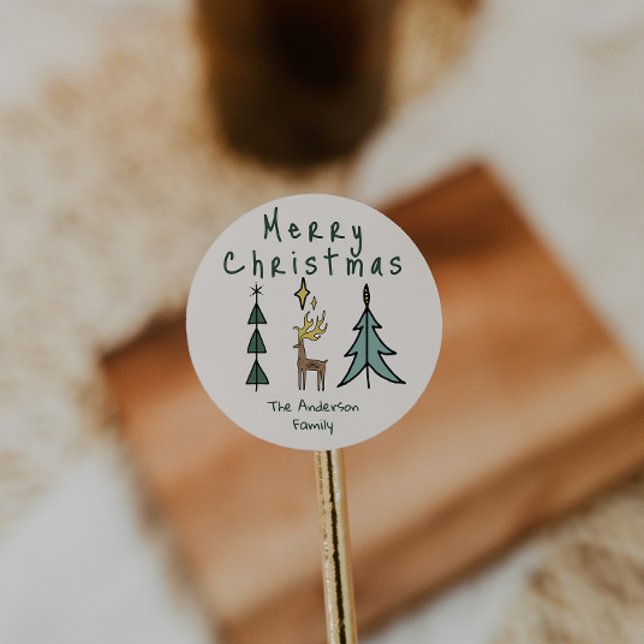 Adesivo Redondo Hand Painted Abstract Christmas Tree Reindeer (Criador carregado)