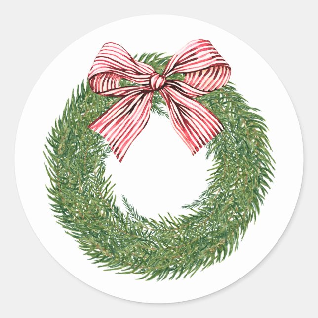 Adesivo Redondo Hand Painted Winter Pine Wreath Striped Red Bow (Frente)