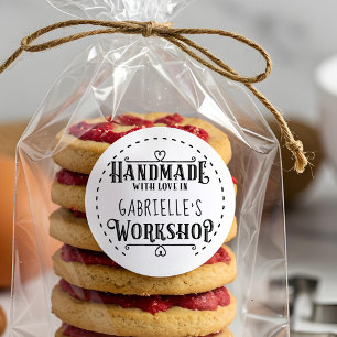 Adesivo Redondo Handmade personalizado branco com amor na oficina