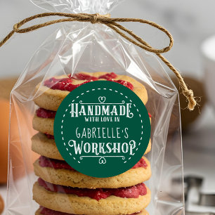 Adesivo Redondo Handmade personalizado verde com amor na oficina