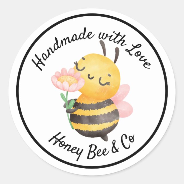 Adesivo Redondo Handmade with Love. Cute Bee Personalized (Frente)