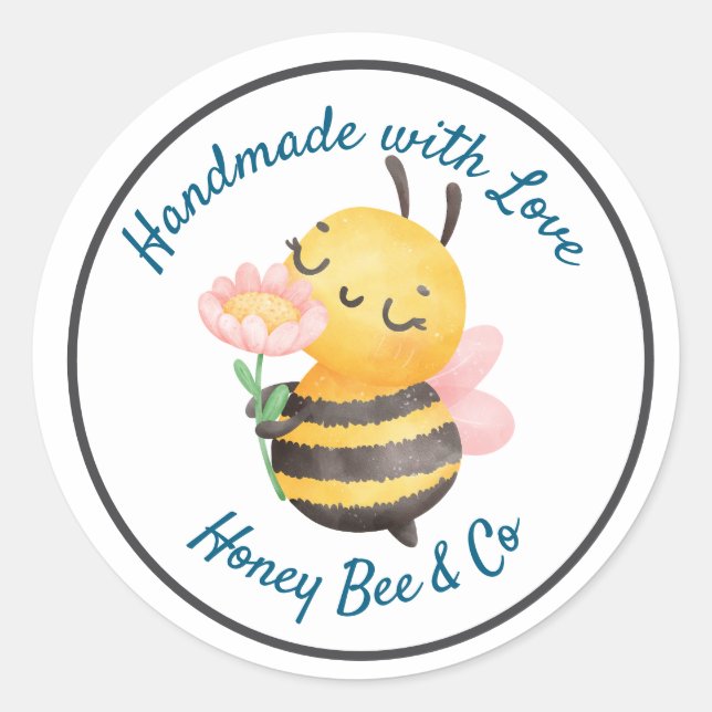 Adesivo Redondo Handmade with Love. Cute Bee Personalized (Frente)