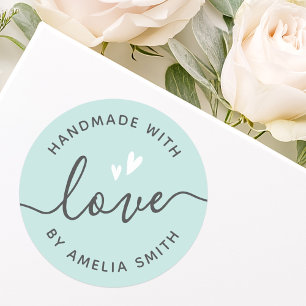 Adesivo Redondo Handmade with love hearts name light aqua blue