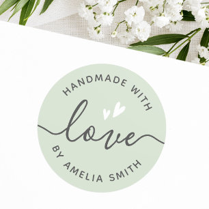 Adesivo Redondo Handmade with love hearts name light sage green