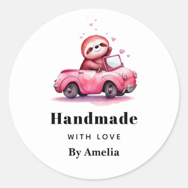 Adesivo Redondo handmade with Love Sloth in a Pink Convertible (Frente)