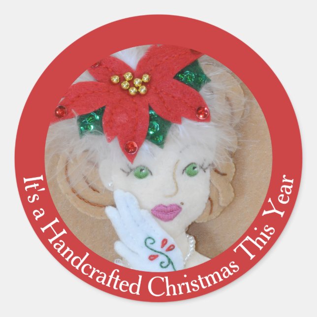 Adesivo Redondo Handsewn Christmas Poinsettia Church Hat Your Text (Frente)