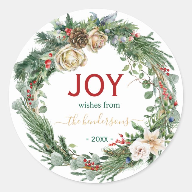 Adesivo Redondo Handwritten Script Christmas Joy Wreath Name  (Frente)