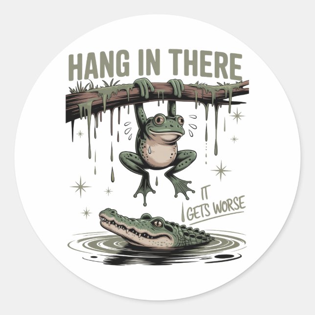 Adesivo Redondo Hang In There It Gets Worse – Funny Frog & Crocodi (Frente)