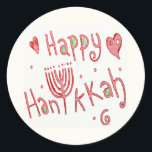 Adesivo Redondo Hannukah feliz<br><div class="desc">Características deste design felizes fantásticas de Hannukah um menorah no lugar do "U" na palavra, Hannukah. Esta soletração transformou-se o mais extensamente a soletração aceitável em inglês assim mesmo se você o soletra geralmente Hanuka ou Chanukah, você não pode ir mal com este. A cor vermelha fá-la animador e o...</div>