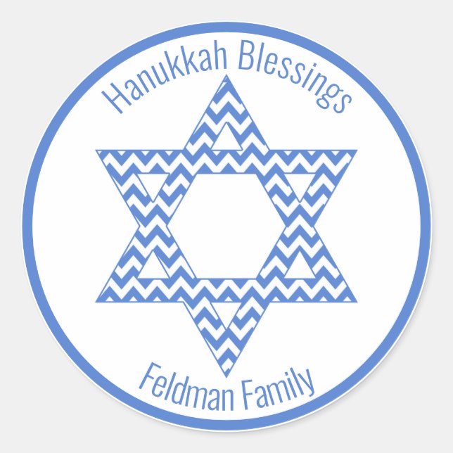 Adesivo Redondo Hanukkah Blessings - Estrela Azul Chevron de David (Frente)