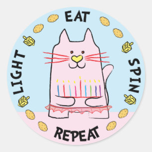 Adesivo Redondo Hanukkah CAT Stickers "Light, Coma, Gire, Repete"