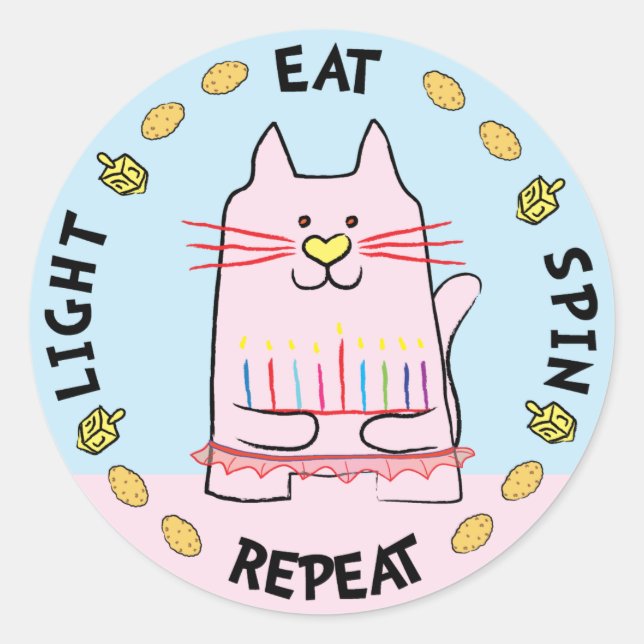 Adesivo Redondo Hanukkah CAT Stickers "Light, Coma, Gire, Repete" (Frente)
