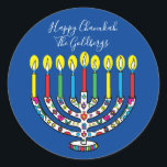 Adesivo Redondo Hanukkah Colorful Menorah Hanukiah<br><div class="desc">Feliz Chanukah, Hanukiah Stickers Round. Divirta-se usando esses adesivos como topos de bolo, etiquetas de presentes, selos de envelopes, fechos de malas de favor ou qualquer que seja a sua festa! Personalize excluindo texto e adicionando suas próprias palavras, usando o estilo, o tamanho e a cor de sua fonte favorita....</div>