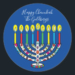 Adesivo Redondo Hanukkah Colorful Menorah Hanukiah<br><div class="desc">Feliz Chanukah, Hanukiah Stickers Round. Divirta-se usando esses adesivos como topos de bolo, etiquetas de presentes, selos de envelopes, fechos de malas de favor ou qualquer que seja a sua festa! Personalize excluindo texto e adicionando suas próprias palavras, usando o estilo, o tamanho e a cor de sua fonte favorita....</div>