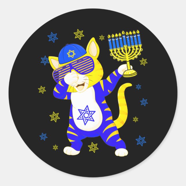 Adesivo Redondo Hanukkah Dabbing Cat Sunglass segurando Menorah (Frente)