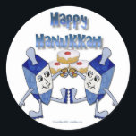 Adesivo Redondo Hanukkah Dancing Dreidels e Jelly Doughnut<br><div class="desc">Você está vendo The Lee Hiller Designs Collection of Home and Office Decor,  Roupa,  Gifts and Coleções. As Designs incluem Lee Hiller Photoographic e Mixed Media Digital Art Collection. Você pode ver sua fotografia da Nature em http://HikeOurPlanet.com/ e seguir seu blog de caminhada no Hot Primavera National Park.</div>