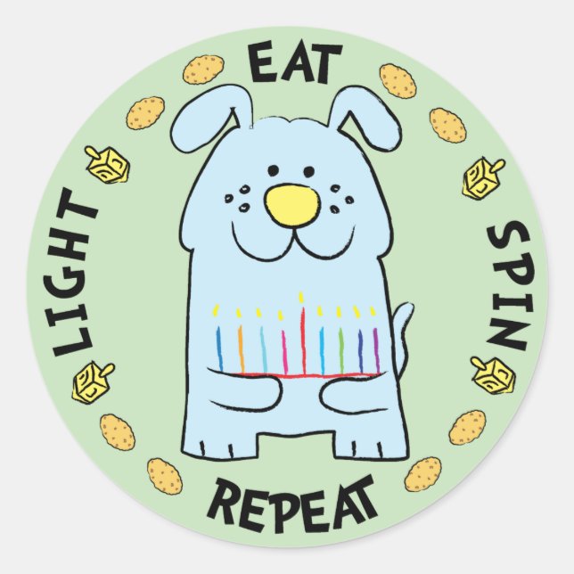 Adesivo Redondo Hanukkah Dog Stickers "Light, Come, Spin, Repete" (Frente)