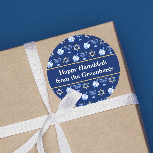 Adesivo Redondo Hanukkah Dreidel Menorah Padrão Blue Gift Personal (Criador carregado)