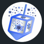 Adesivo Redondo Hanukkah Dreidel Sticker<br><div class="desc">Um adesivo especial do envelope Hanukkah divertido,  com gráficos excelentes de um sonho azul e prateado,  com Estrela Azul de Davids em todos os lados e acima dele. Excelente como selos de envelopes para seus cartões ou convites de festas de Chanucá,  ou favoritos para festas para as crianças.</div>