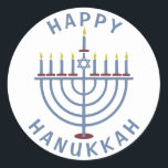 Adesivo Redondo Hanukkah feliz Menorah<br><div class="desc">Estas etiquetas bonito têm um menorah e as palavras "Hanukkah feliz." Veja os convites de festas de harmonização aqui: https://www.zazzle.com/hanukkah_party_funny_whole_latke_fun_invitation-256781977102628379</div>