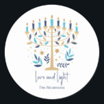 Adesivo Redondo Hanukkah Love & Light Floral Menorah<br><div class="desc">Chanucá,  amor e adesivos Florais Claros de Menorah. Personalize o texto personalizado acima. Você pode encontrar itens de coordenação adicionais na nossa coleção "Floral Hanukkah Menorah e Dreidel".</div>