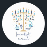 Adesivo Redondo Hanukkah Love & Light Floral Menorah<br><div class="desc">Chanucá,  amor e adesivos Florais Claros de Menorah. Personalize o texto personalizado acima. Você pode encontrar itens de coordenação adicionais na nossa coleção "Floral Hanukkah Menorah e Dreidel".</div>