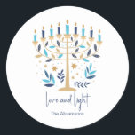 Adesivo Redondo Hanukkah Love & Light Floral Menorah<br><div class="desc">Chanucá,  amor e adesivos Florais Claros de Menorah. Personalize o texto personalizado acima. Você pode encontrar itens de coordenação adicionais na nossa coleção "Floral Hanukkah Menorah e Dreidel".</div>